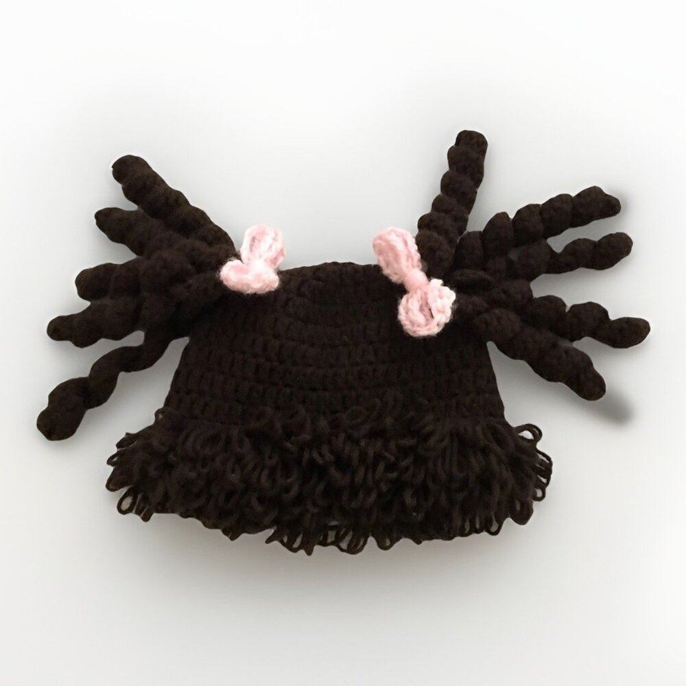 Cabbage Patch Kid Crochet Hat Wig‎ Dark Brown Pigtails
